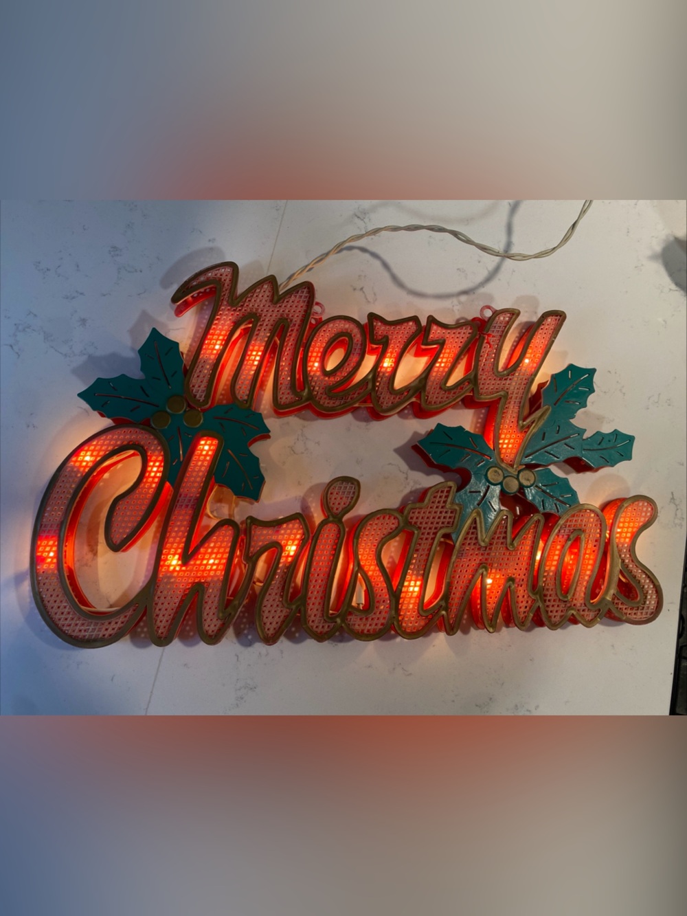 VTG  Merry Christmas Plastic Sign Lights Up Holly Red Indoor/Outdoor Wall Decor